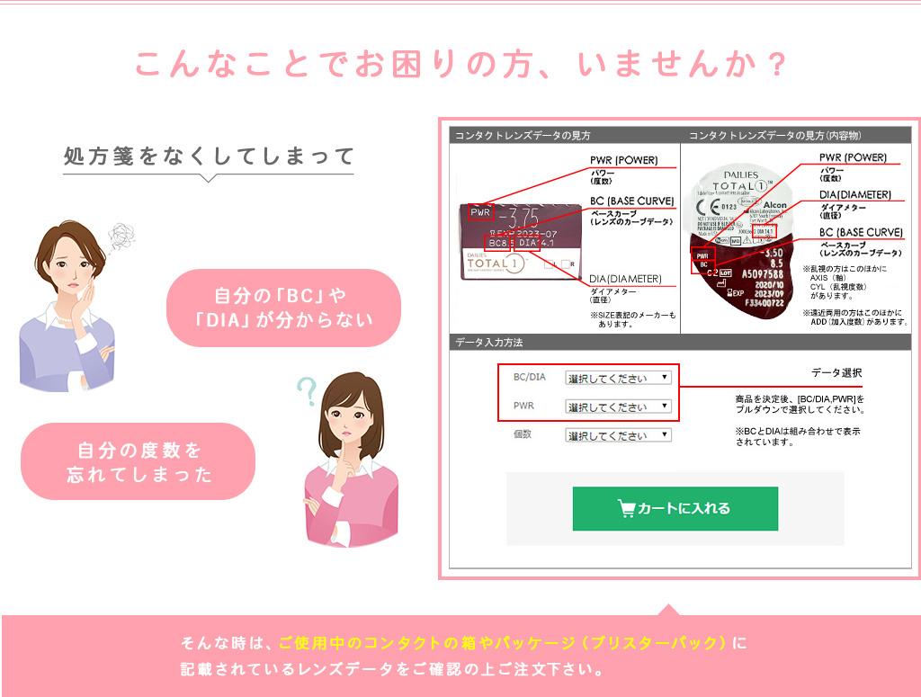 お手持ちのコンタクトレンズのレンズデータをご確認の上ご注文ください。
